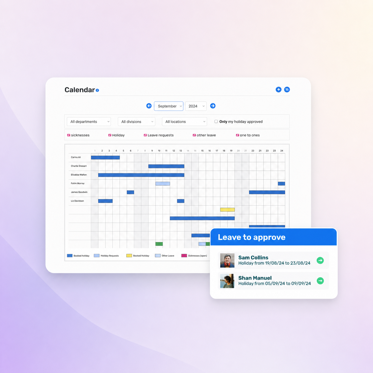 Breathe's holiday calendar graphic showing team leave visibility and employee leave cards on a violet gradient background