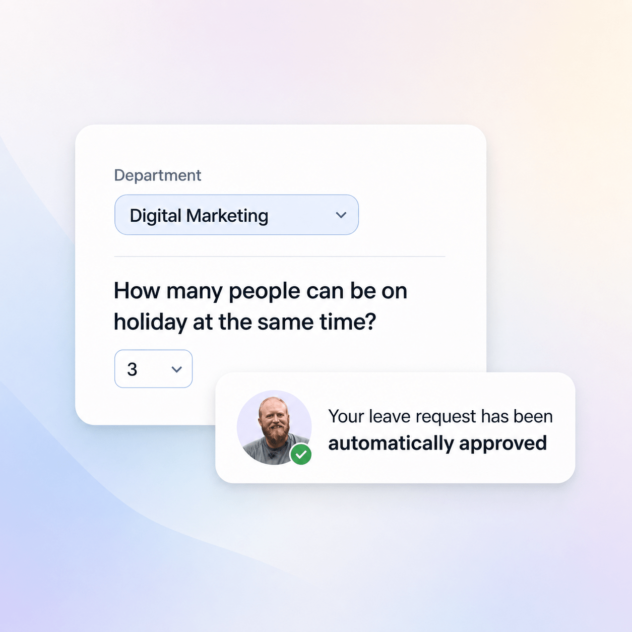 Breathe's holiday tracking graphic showing department leave limits and an automatically approved leave request notification.
