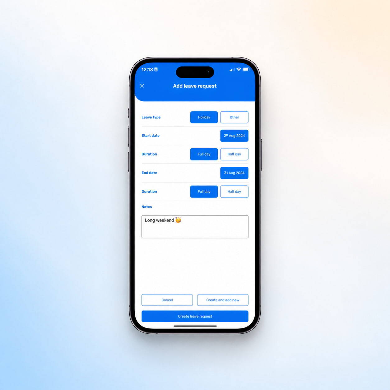 Mobile phone showcasing booking annual leave on the Breathe People Portal app, placed on a blue and beige gradient background.