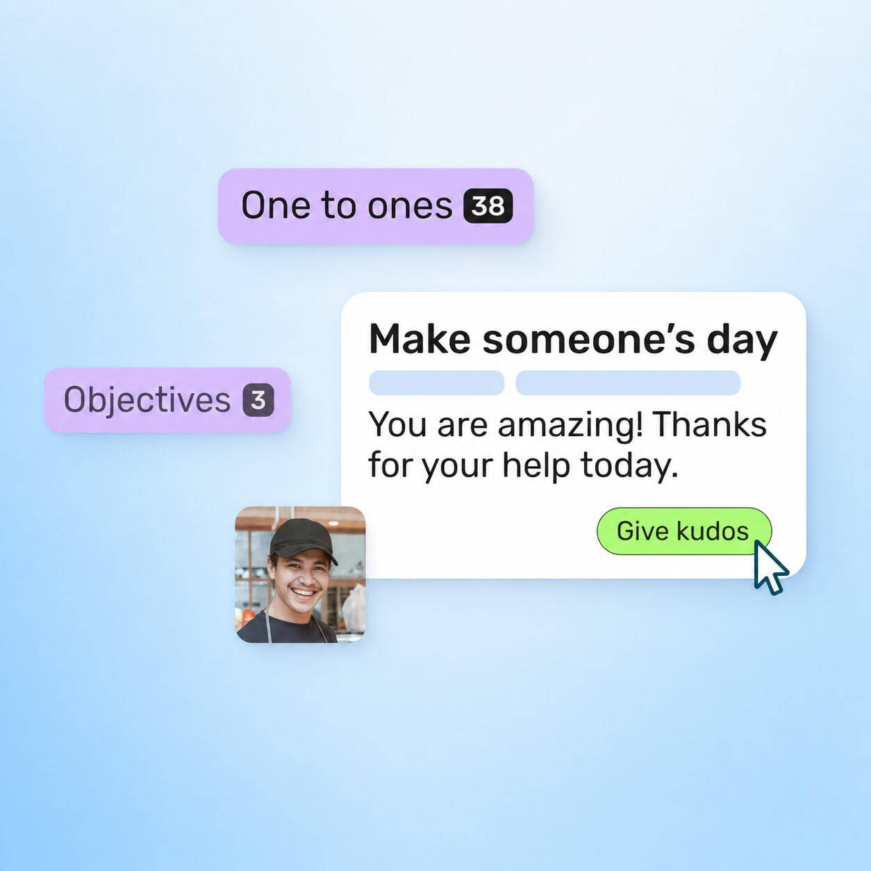 A graphic showcasing that Breathe HR has the following features: Objective setting, one to ones, and kudos. Displayed on a light blue gradient background