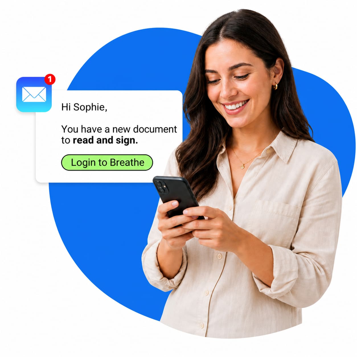 Woman on mobile phone with new document to read and sign notification