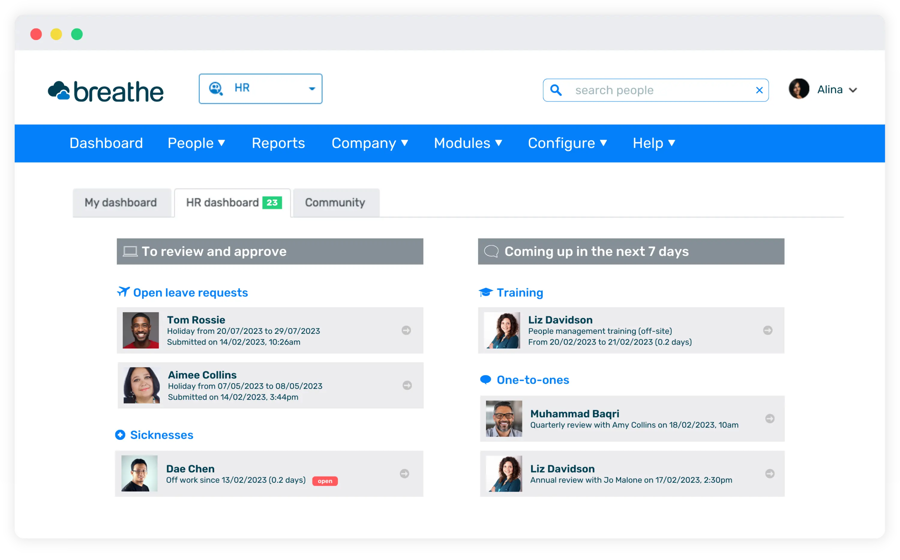 Breathe's HR Dashboard showing the HR user what tasks they need to complete and what's coming up in the next 7 days in their team