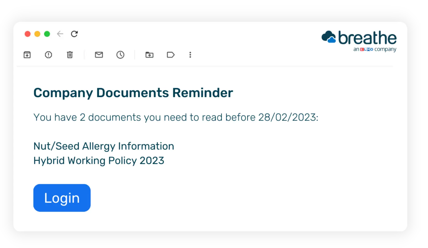 Email reminder message saying there are 2 unread documents to read in Breathe with a blue login button