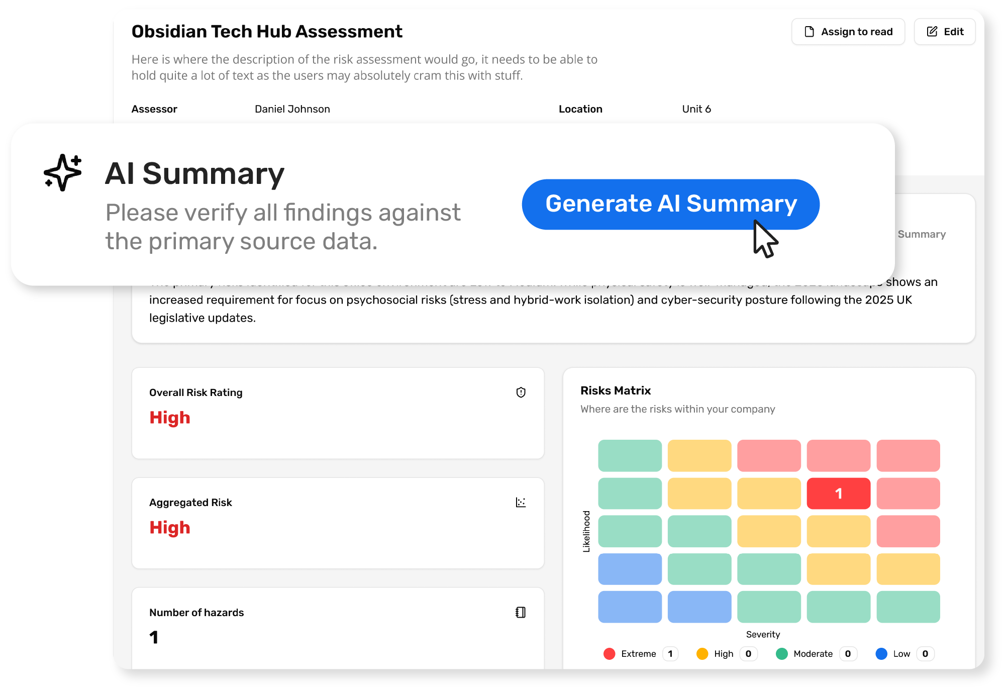 Breathe Health and Safety screen showing an AI-generated summary feature on a health and safety risk assessment.