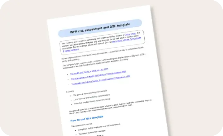 WFH risk assessment and DSE template card
