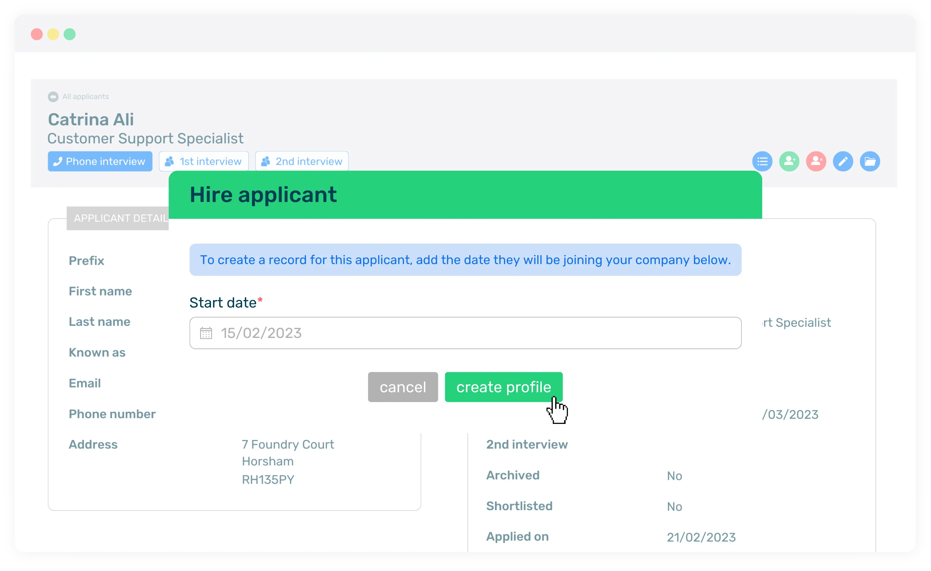 Hire applicant pop up with applicant background
