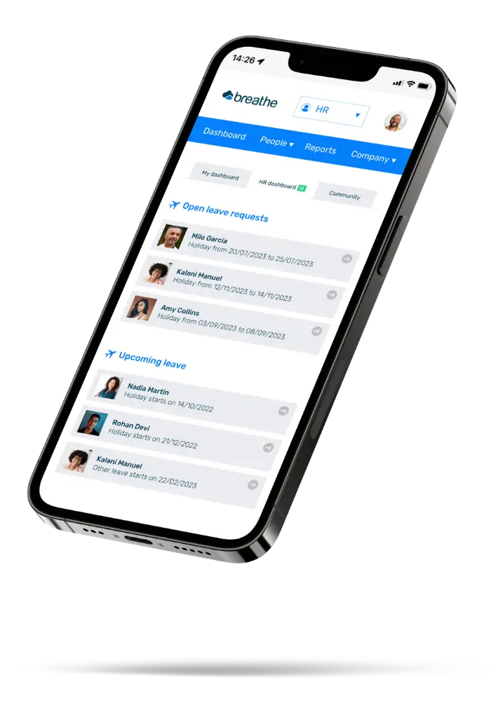 Mobile phone with Breathe's HR Dashboard showing leave to approve & what's coming up