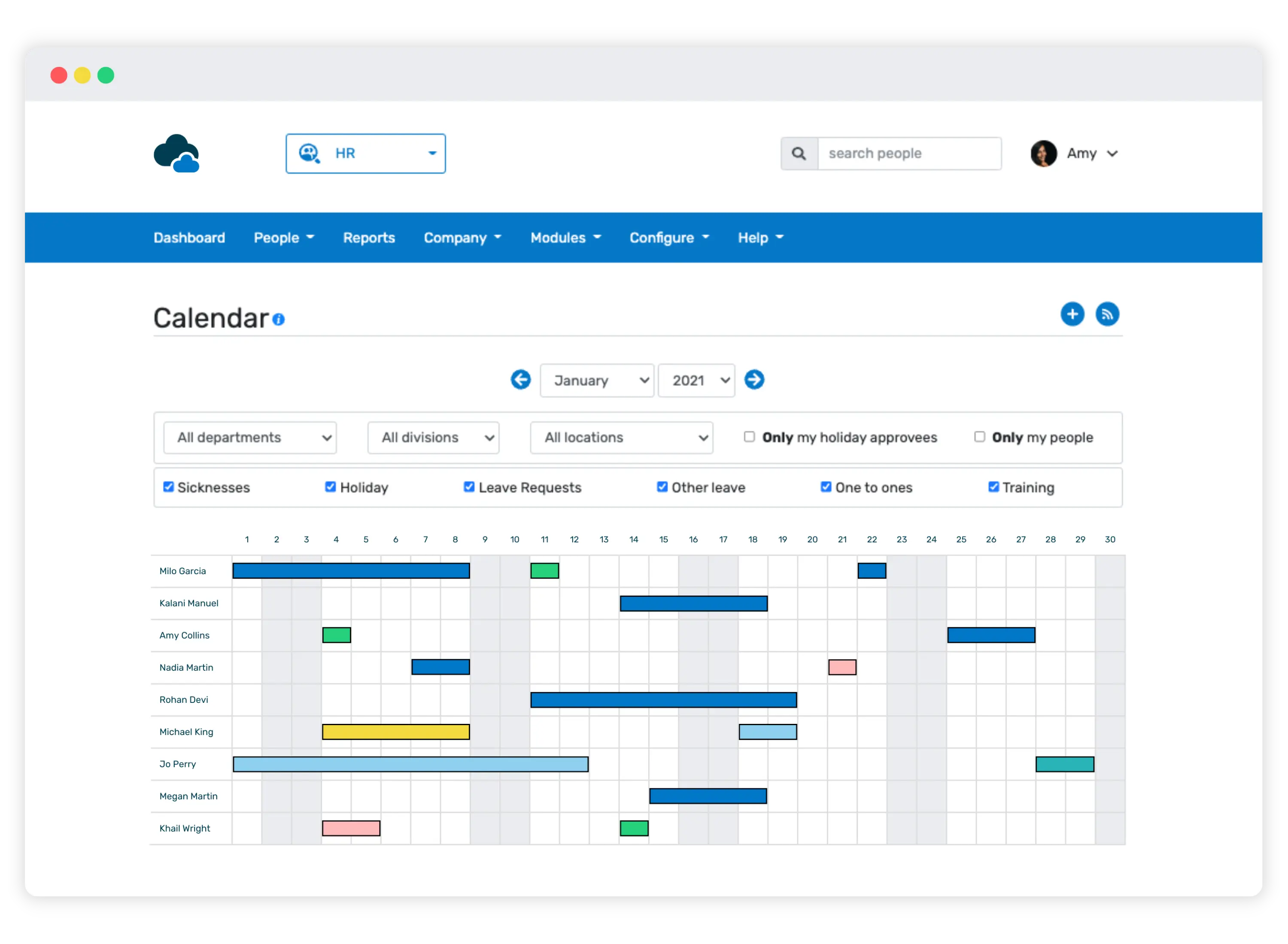 Breathe's holiday calendar showing types of leave