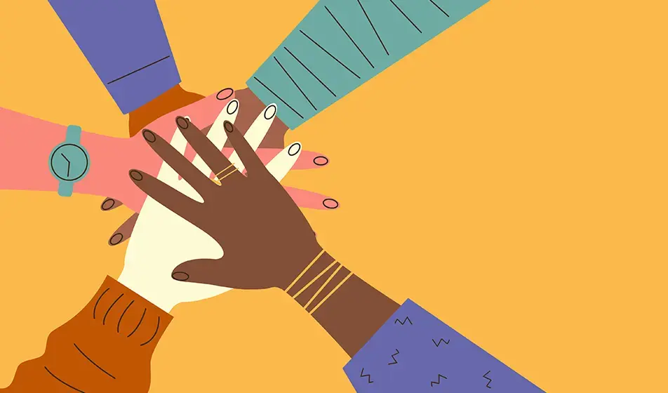 An animated image shows people of different ethnicities putting their hands in the middle on top of each other against an orange background