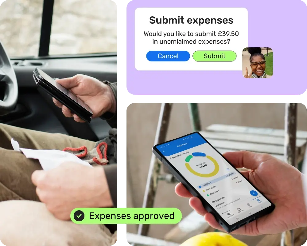 Construction worker taking a picture of a receipt in their van and using the Breathe mobile app to submit it to be payed alongside a 'expenses approved' pop up