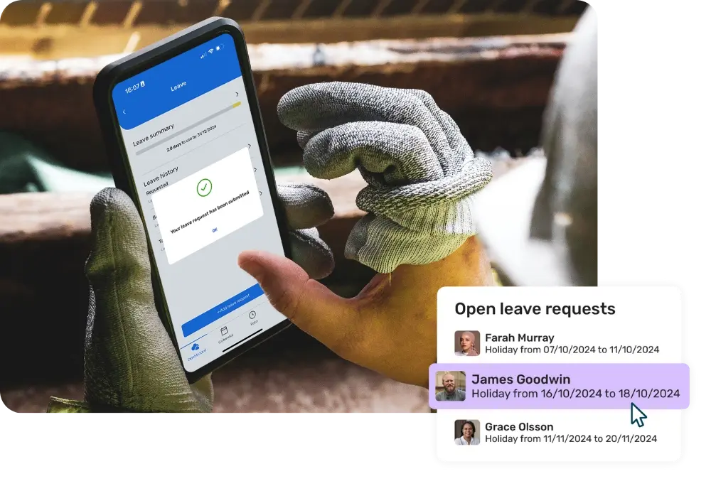 Construction worker using phone on site to submit a holiday request alongside Breathe UI showing current open leave requests that need approving or declining