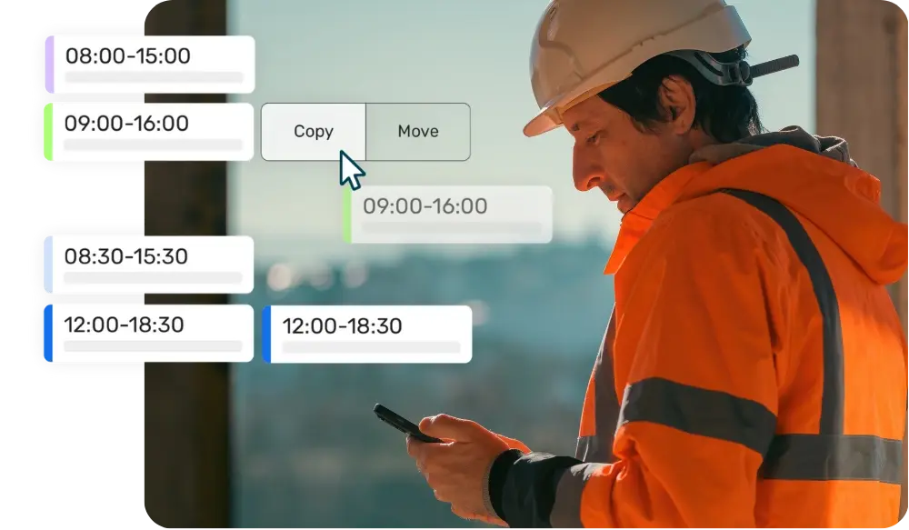 Construction man in high vis looking at his mobile alongside Breathe UI showing a weekly rota being created