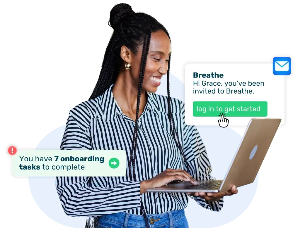Lady with braids and stripy shirt smiling at her laptop with Breathe's software interface pop ups around her welcoming her to the software