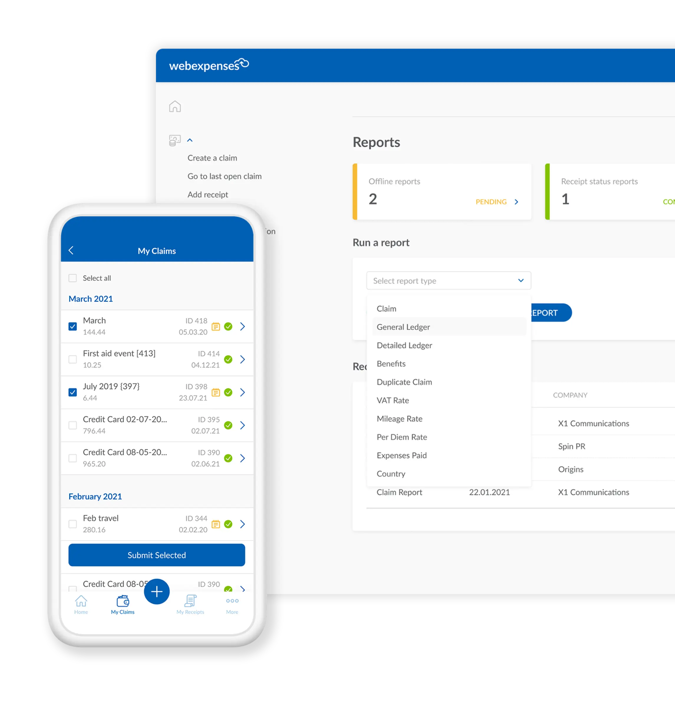 a desktop and mobile phone showing the webexpenses dashboard highlighting its capabilities such as reporting and expense claims