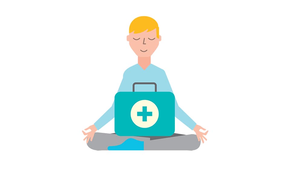 A cartoon man with blonde hair is sat with his legs crossed and meditating. On his lap there is a first aid box. He is promoting employee wellbeing and preserving his mental health at work. 