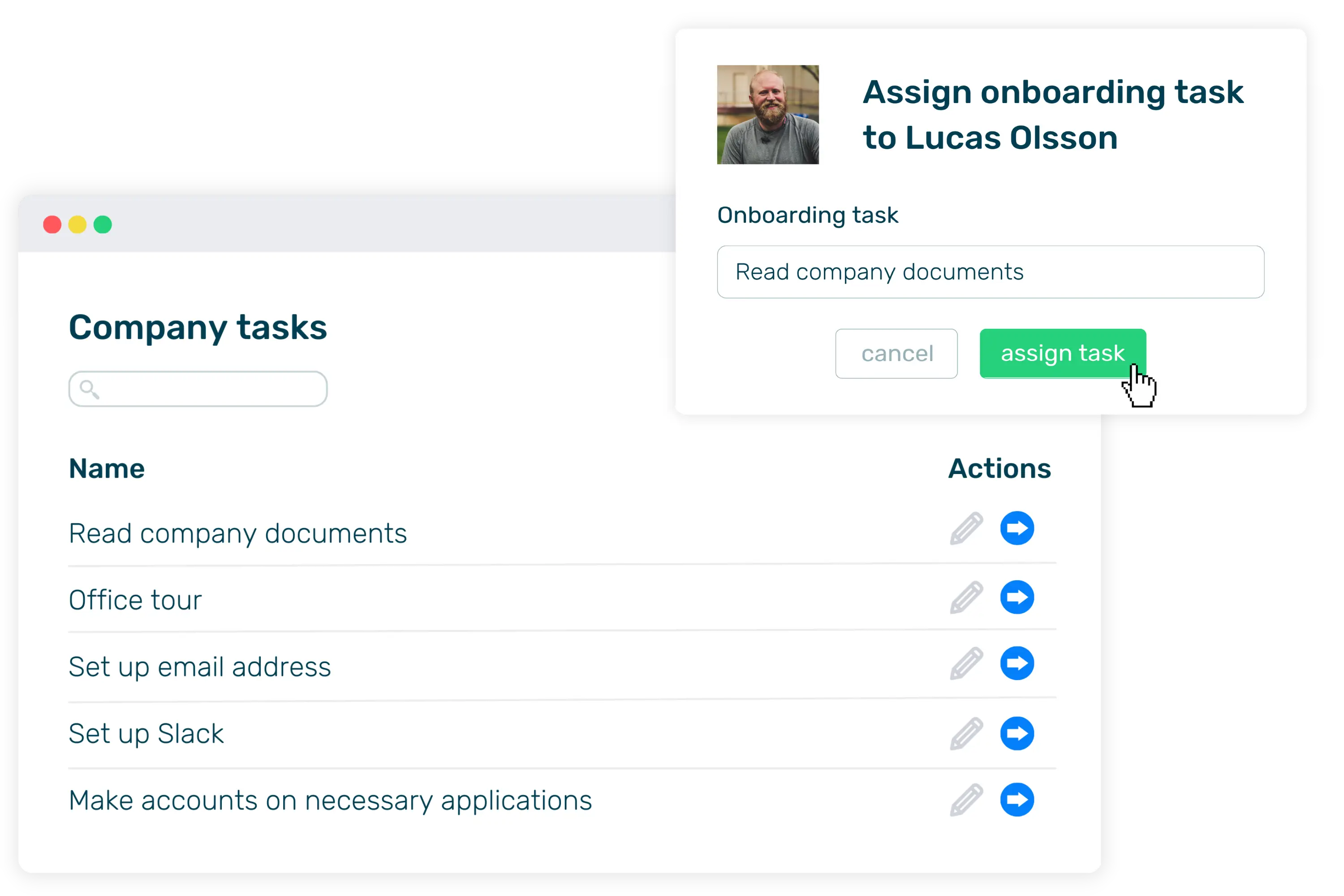 Breathe's onboarding tasks module showing a list of company tasks and a pop up showing someone being assigned to a task