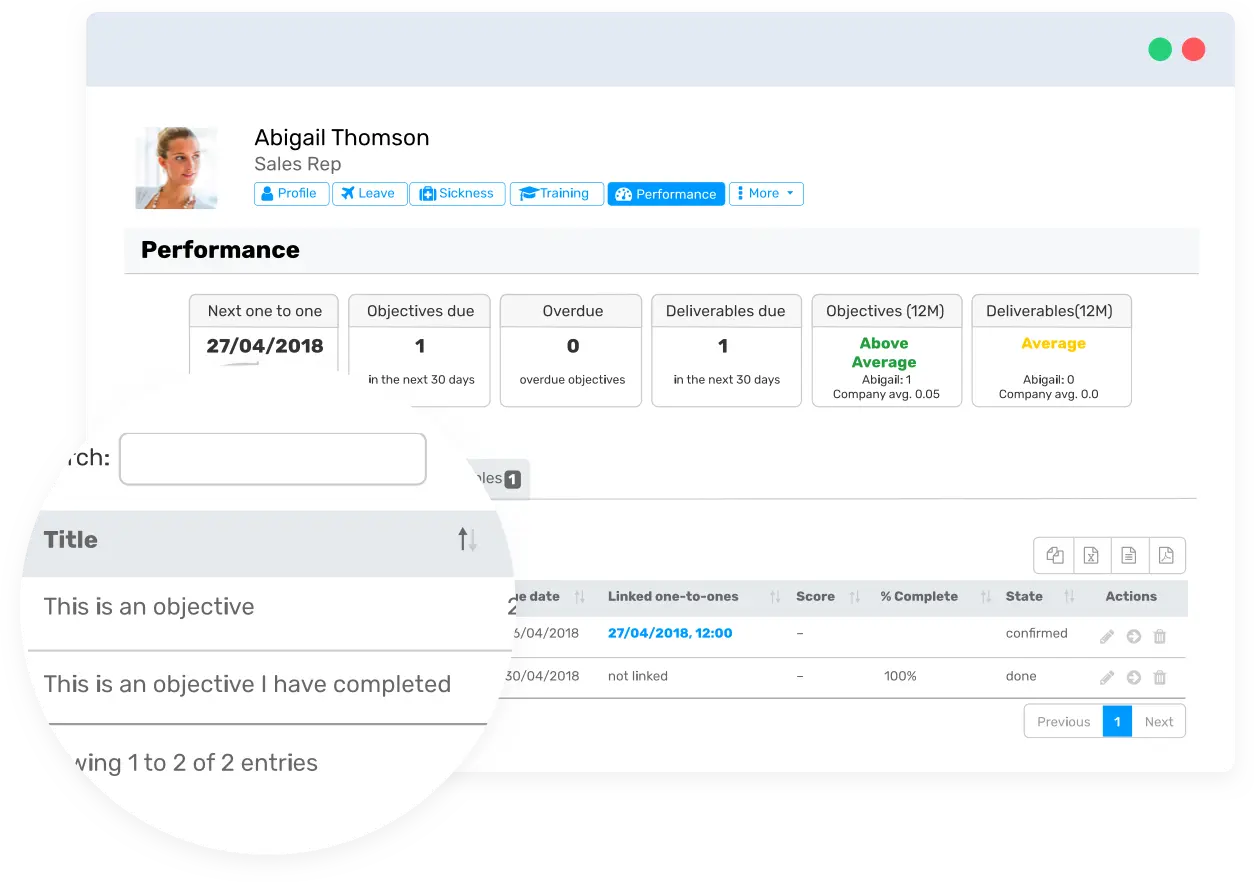 A screen showing Breathe's performance feature on a personal profile. It is showing when their next one to one meeting is, how many deliverables they have due, and any other objectives they need to complete.