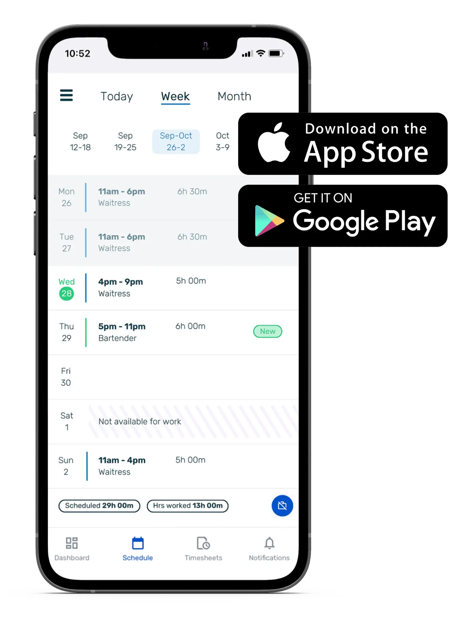 Phone showing a users weekly shifts summary with the app store and google play download buttons