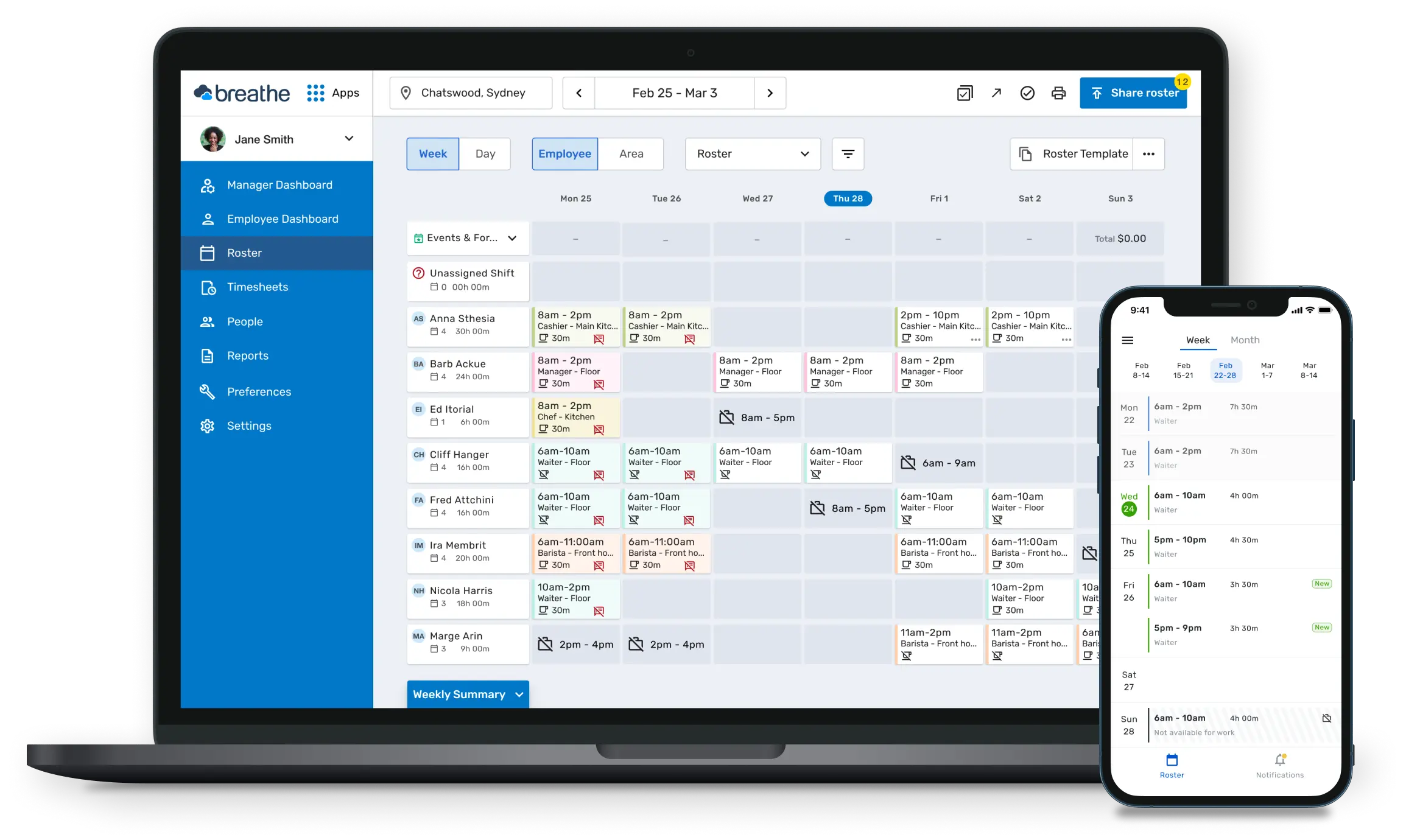 A screen showing Breathe's Roster feature. It is showing what employees are doing what shifts on the dates and location specified.