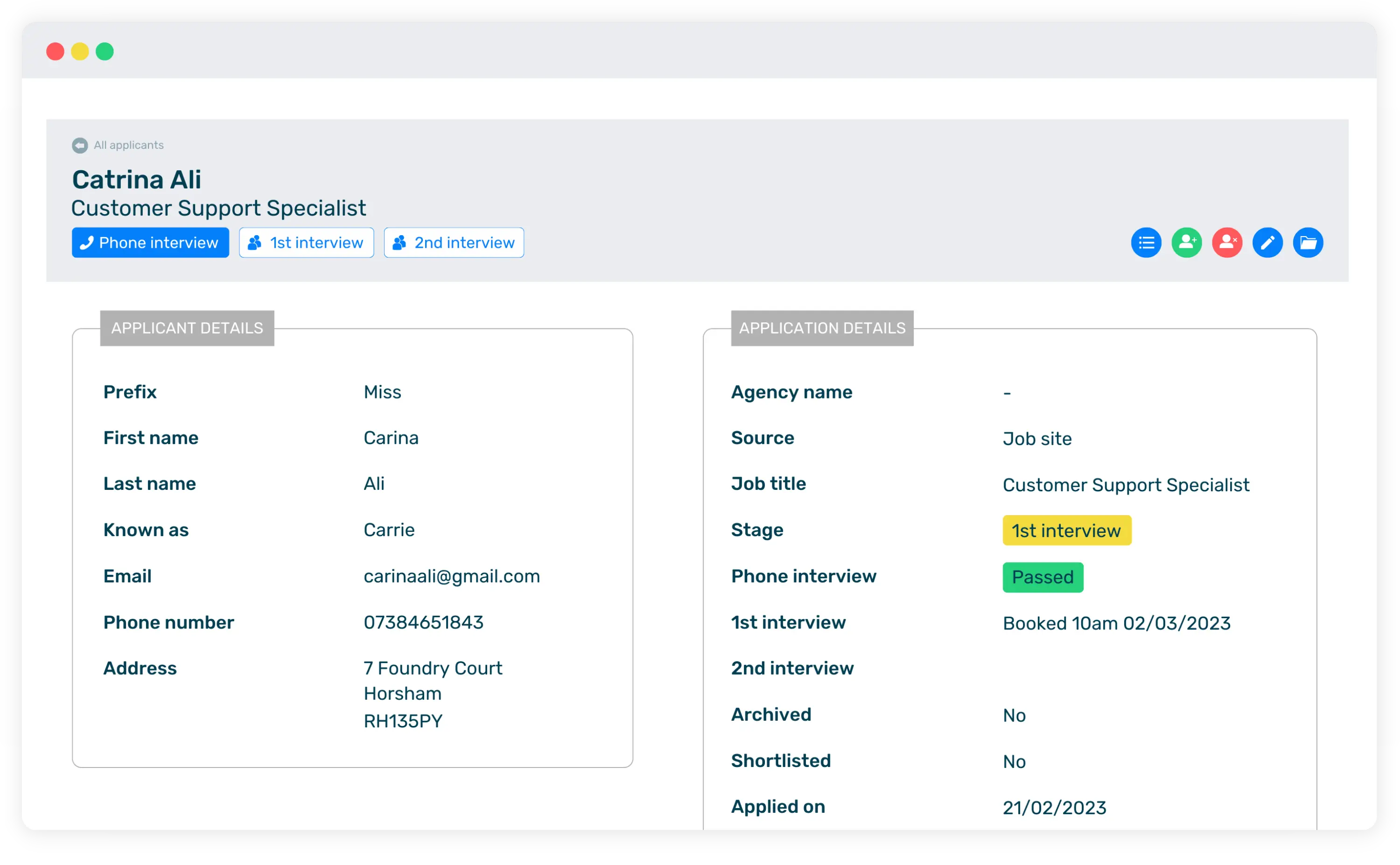 Recruitment module showing job applicant details