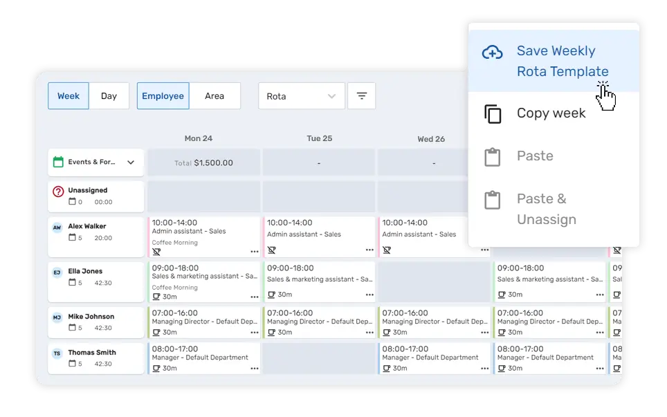 image of Breathe Rota, Time & Attendance user interface with a built rota and a mouse finger hovering over the ability to save a rota template