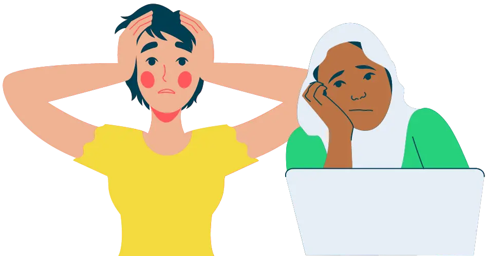 Two cartoon women looking stressed and fed up