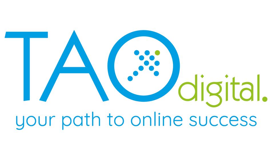The logo of Tao Digital Marketing. The logo has "TAO" written in big light blue letters with an arrow in the center of the "O" which points to the top-right of the image. Next to that, is the word "digital" written in green letters. Underneath that is "your path to digital online success" written out in light blue letters.