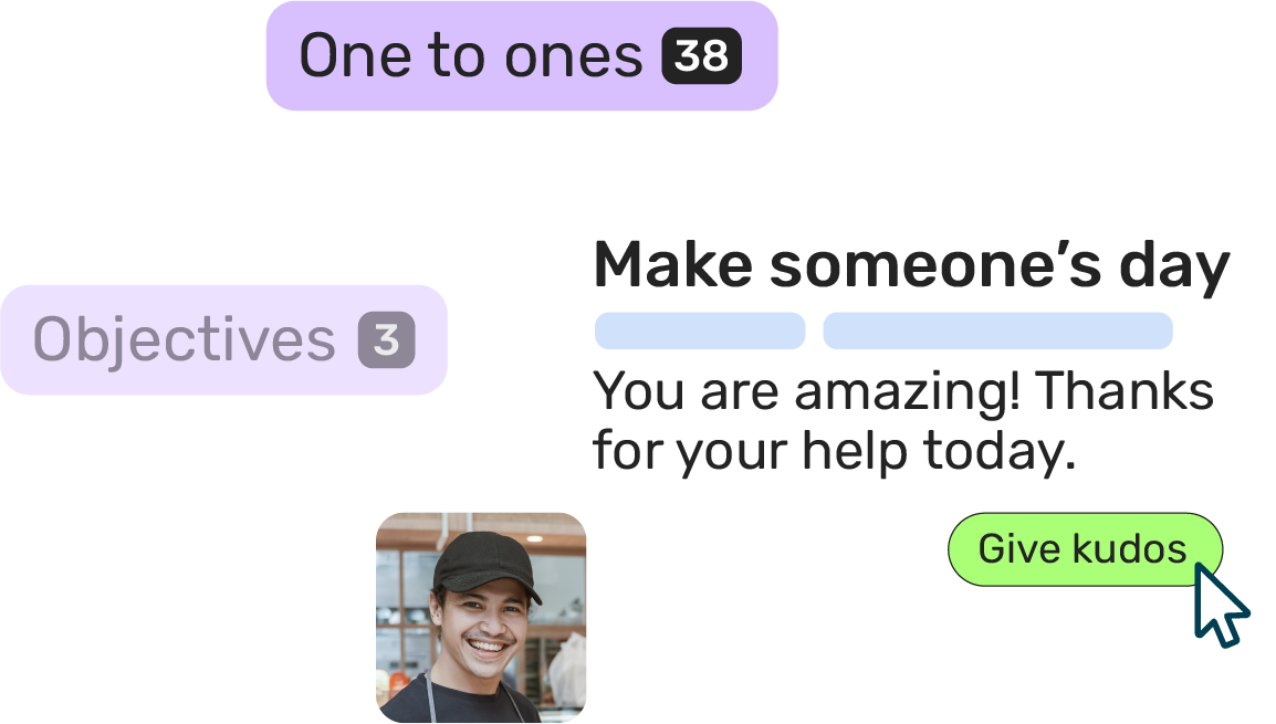 Breathes software pop ups that highlight performance metrics like objectives, kudos, and one to ones