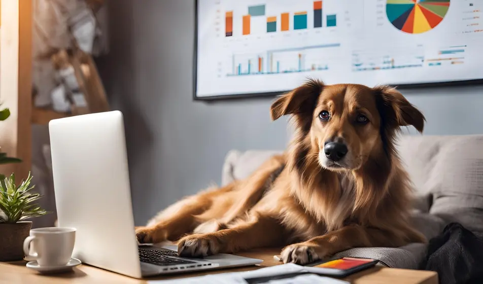 Golden-brown dog lying on a couch with its paws on a laptop, looking curious. Behind it, charts and graphs are displayed on a screen. A coffee cup and a smartphone sit on the desk nearby.