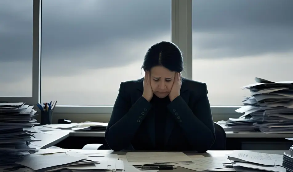 Woman with her head in her hands, sitting at an office desk surrounded by paperwork. She looks sad, like she is grieving. There is a window behind her with grey clouds.