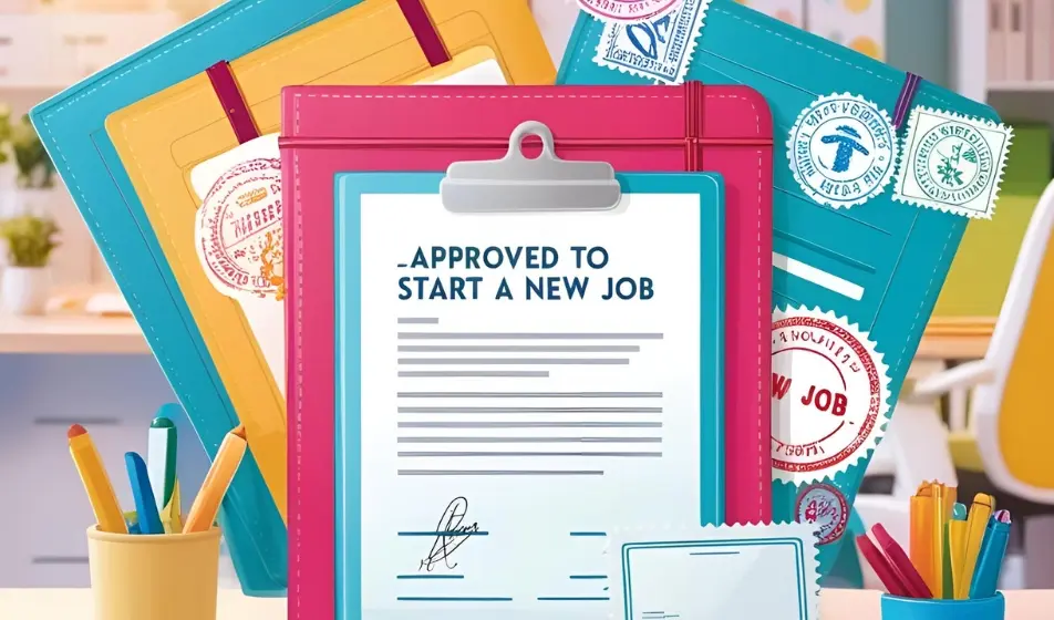 Colorful folders and documents in a bright office setting, with a central clipboard displaying a paper labeled ‘Approved to Start a New Job.’ The folders are stamped with official-looking job approval seals, surrounded by pens and office supplies.