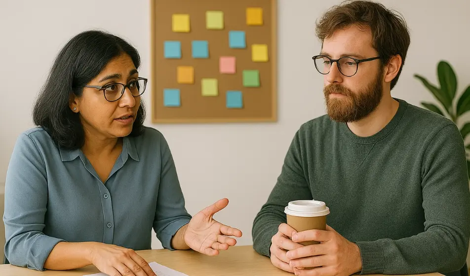 A South Asian woman in her 40s, with shoulder-length black hair and glasses, sits at a desk in a modern office, speaking with a thoughtful expression and gesturing with her hands. Across from her is a Caucasian man in his mid-30s, with a full beard, tousled hair, and round glasses, casually dressed in a dark green sweatshirt, holding a takeaway coffee cup. Behind them, a corkboard filled with colorful sticky notes adds a pop of color to the neutral, minimalist background, with a large green plant to the side. The scene conveys a serious but empathetic conversation, set in a bright, professional environment.
