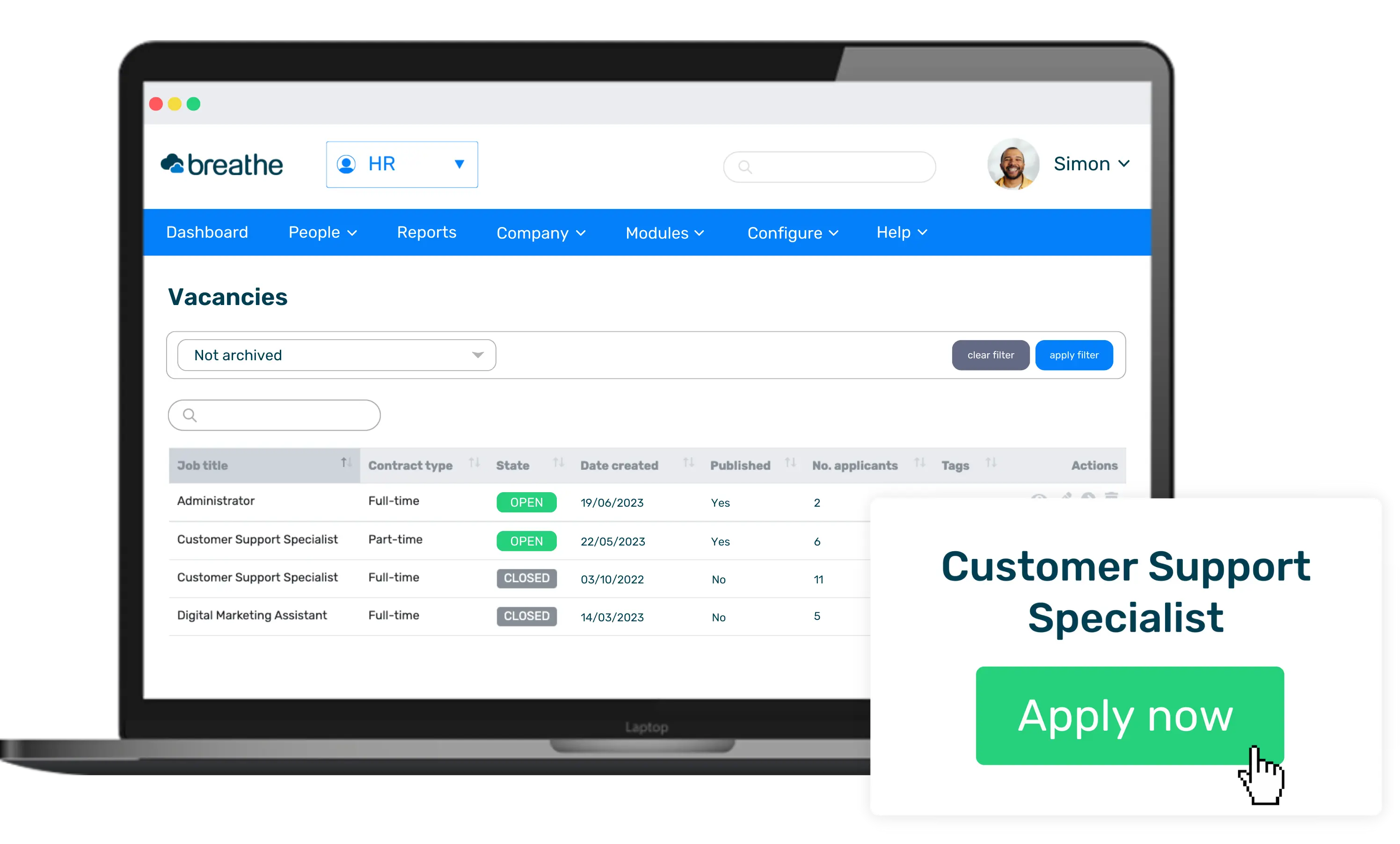 Laptop showing vacancies in the recruitment module with an apply now button