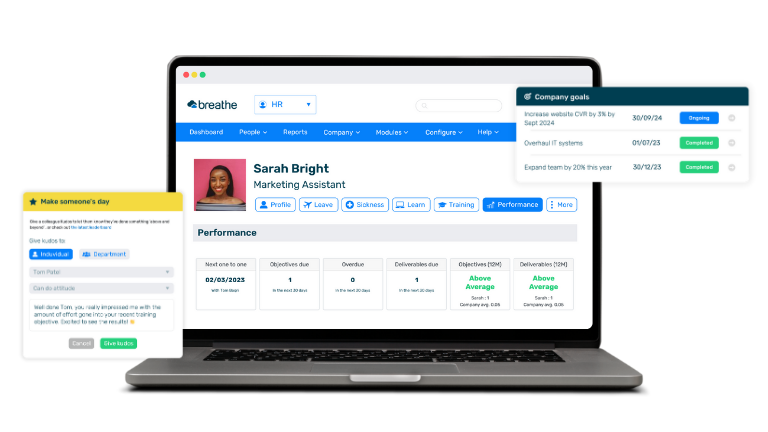 Breathe's HR software interface showing an employee's performance overview with a pop up for company goals and to give feedback to team members