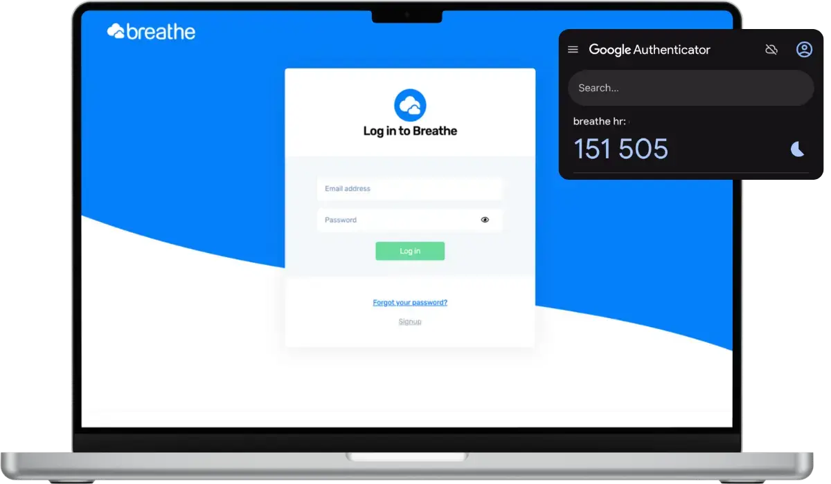 Laptop showing Breathe's login screen interface with a pop up showing a 2FA code from Google Authenticator app