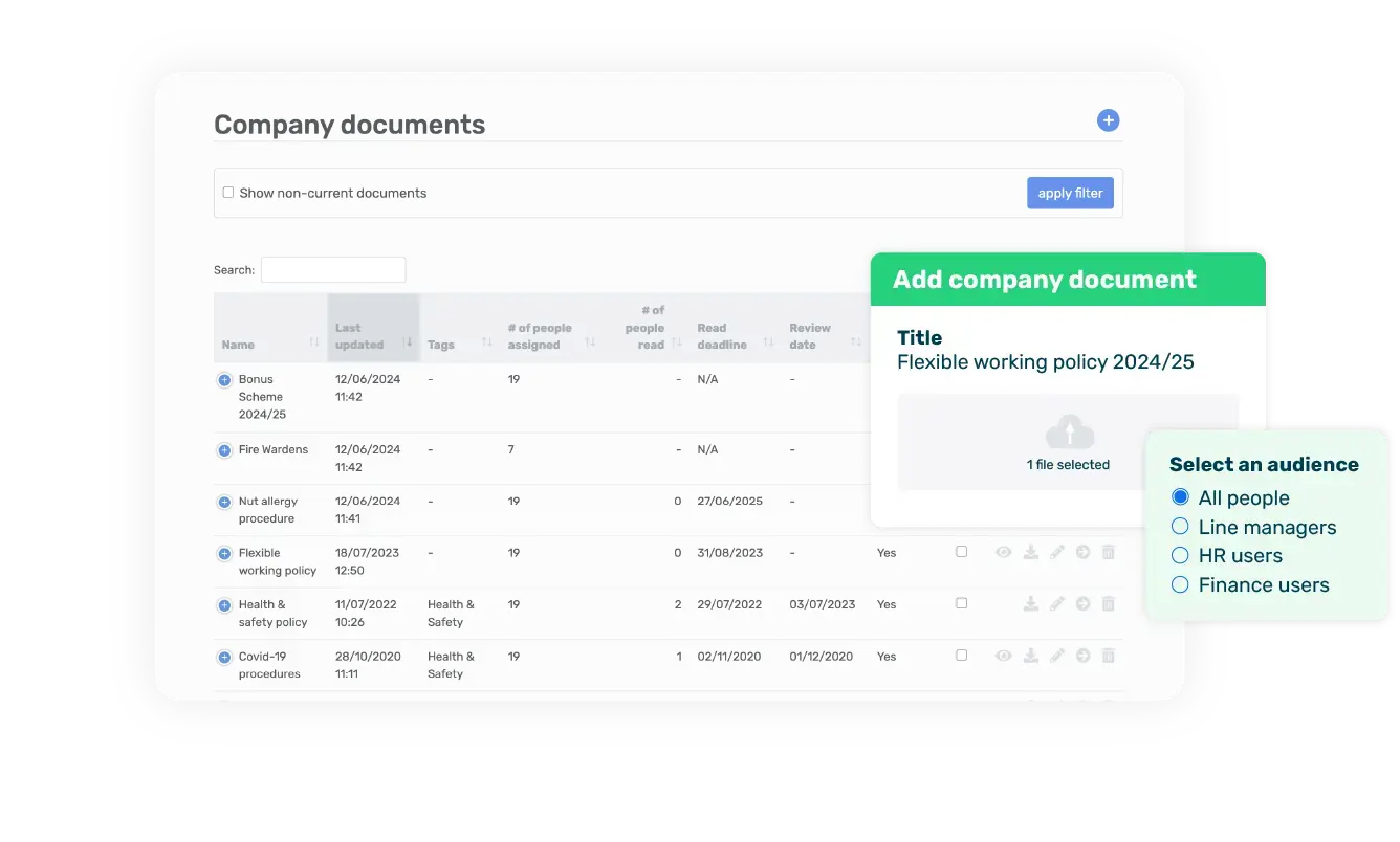 Breathe's HR software interface showing list of company documents with a pop up showing someone adding a new company document and choosing an audience