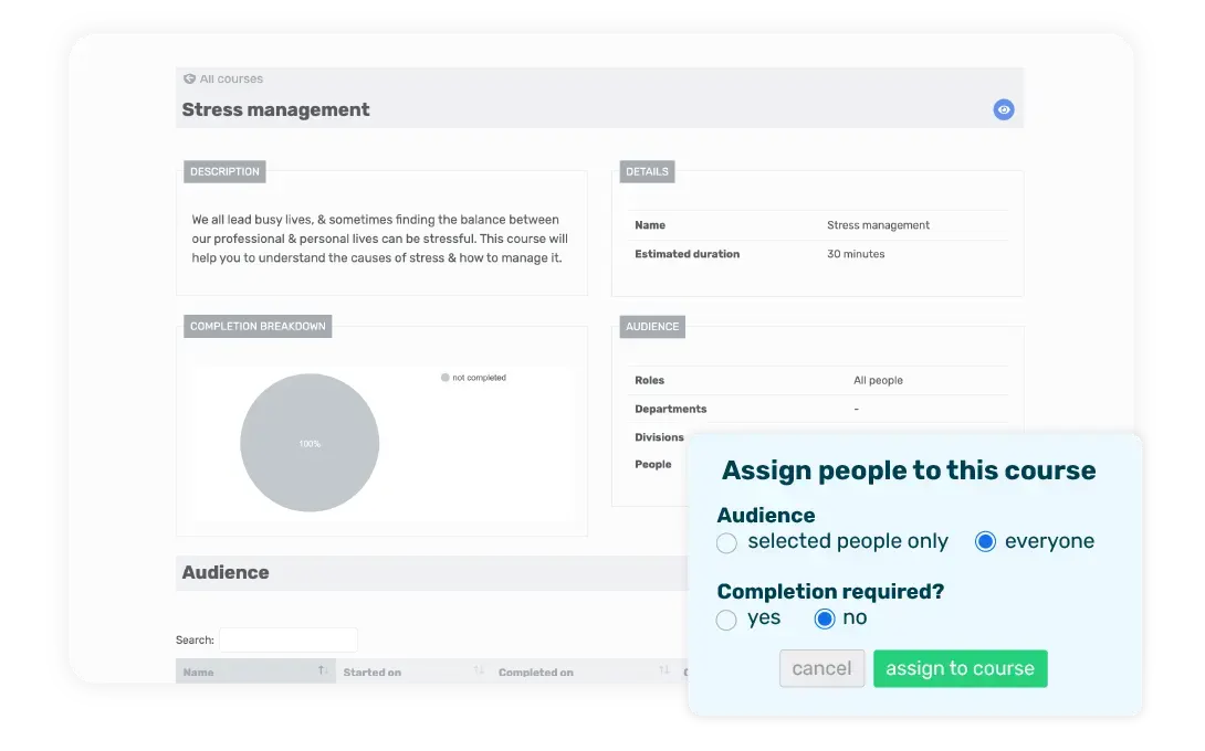 Breathe's HR software interface showing the stress management course overview in the Learn module with a pop up showing someone assigning their people