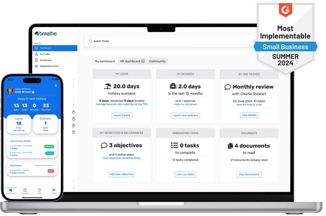 Laptop and mobile showing Breathe's HR software dashboard with award badge showing 'Most Implementable' HR software for small businesses