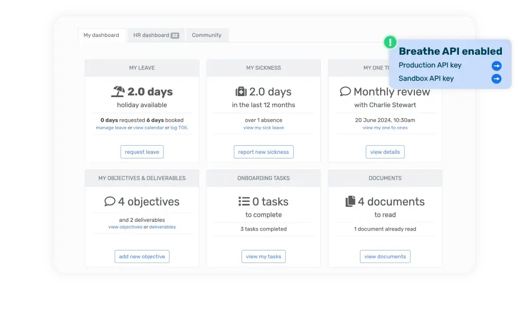 Breathe's HR software interface showing an employees dashboard with a pop up saying 'Breathe API enabled'
