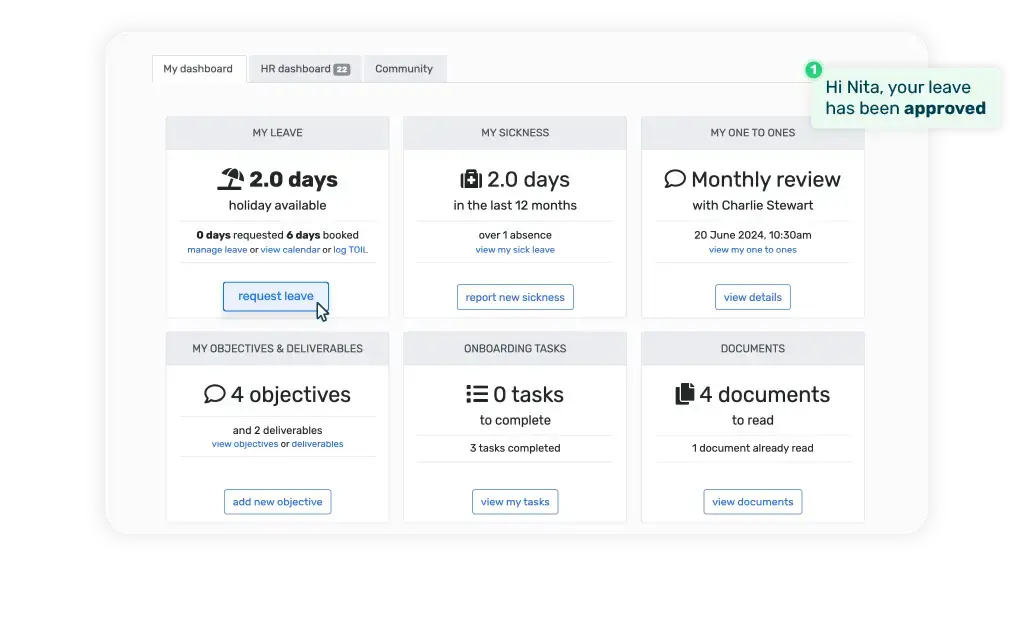 Breathe's HR software interface showing the employee dashboard with an overview of leave, sickness, one-to-ones, objectives, documents and more.