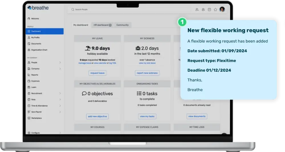 Breathe's HR dashboard shown on a laptop with a blue pop up saying 'New flexible working request' with more details