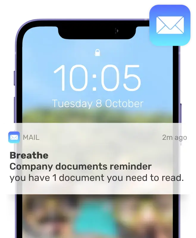Mobile phone lock screen with an email notification form Breathe saying 'Company documents reminder, you have 1 document you need to read'