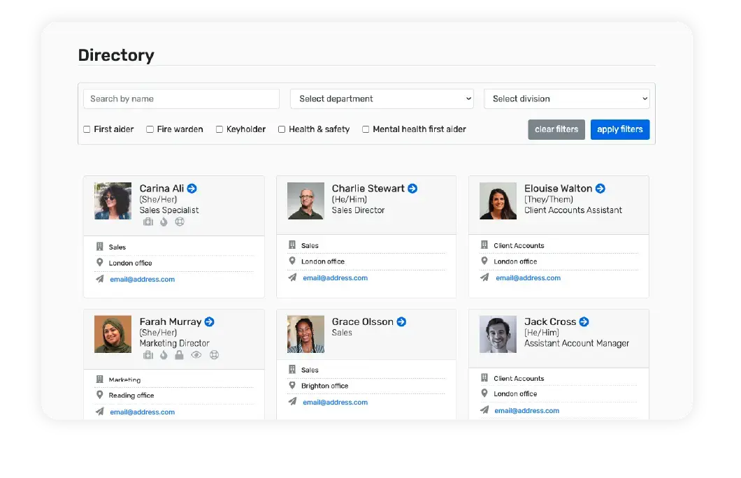 Breathe's HR software interface showing a company's employee directory 