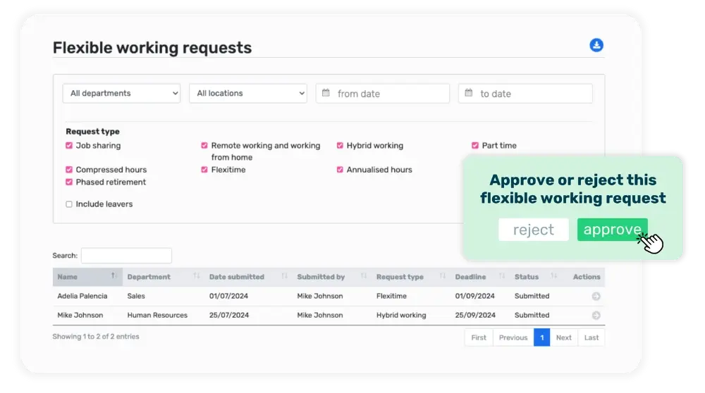 Breathe's HR software UI showing the flexible working requests report with a list of people who have made a request and a pop up to approve or decline