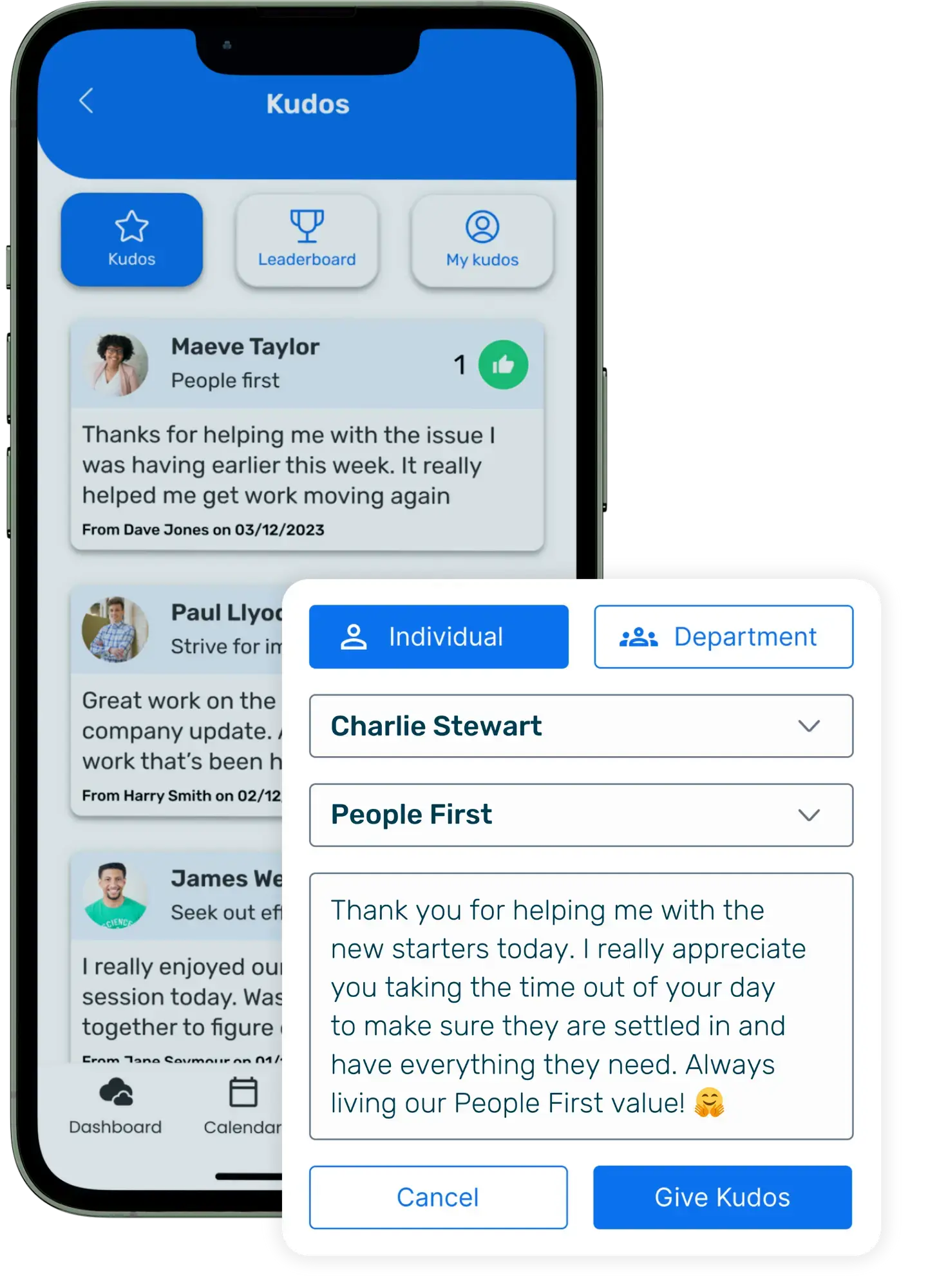 Mobile phone showing Breathe's mobile app interface on the company's kudos page showing all previous kudos to employees