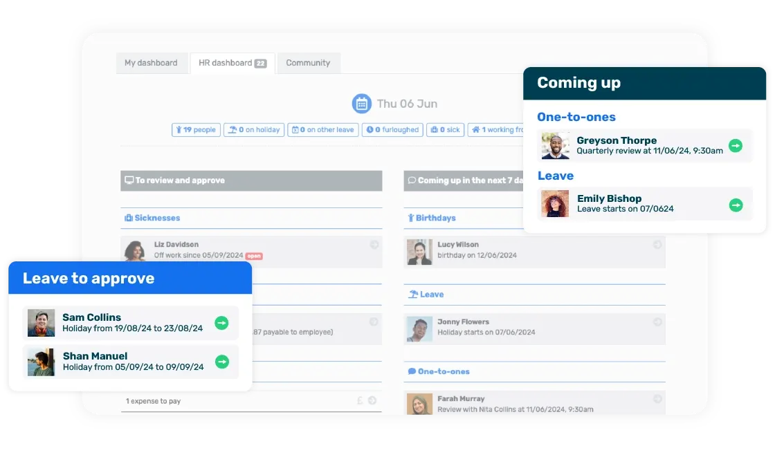 Breathe's HR Dashboard showing an overview of tasks with colourful pop ups for 'Leave to approve' and 'Coming up'
