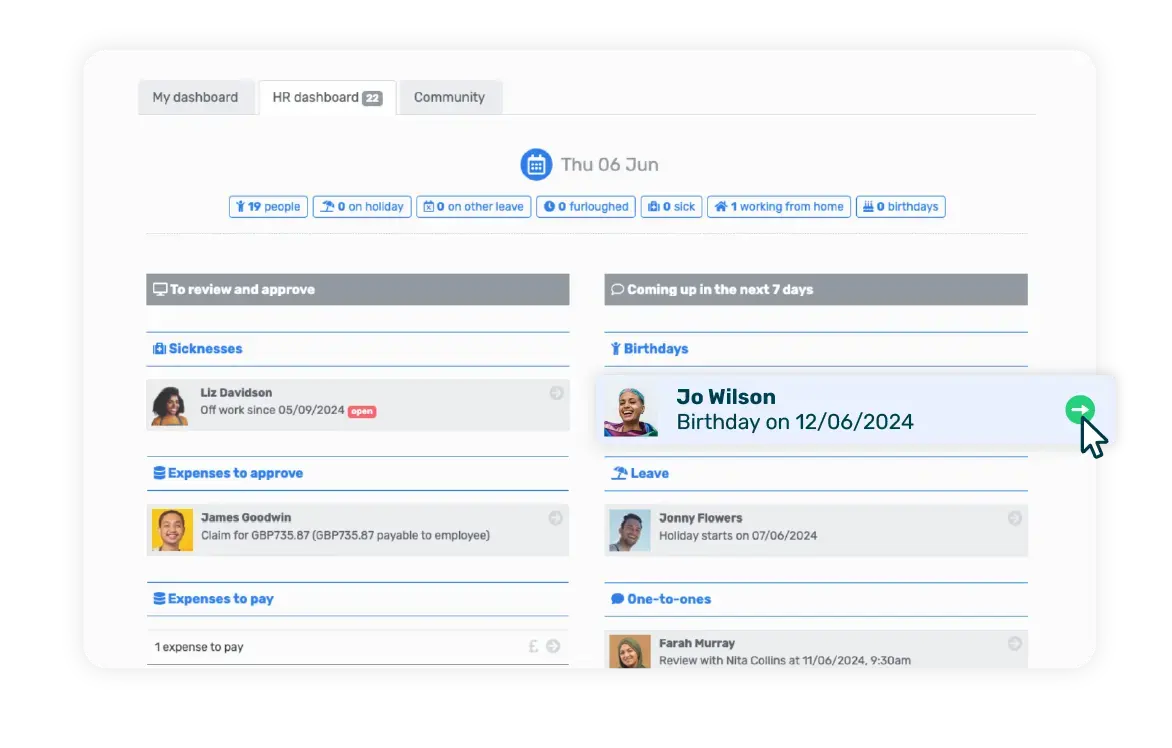 Breathe's HR software interface showing the HR user dashboard with an overview of tasks to review & approve and items coming up in the next 7 days