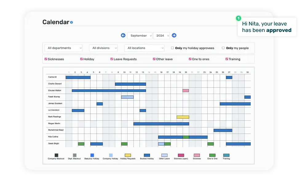 Breathe's HR software interface showing the holiday calendar with a pop up saying 'your leave request has been approved'