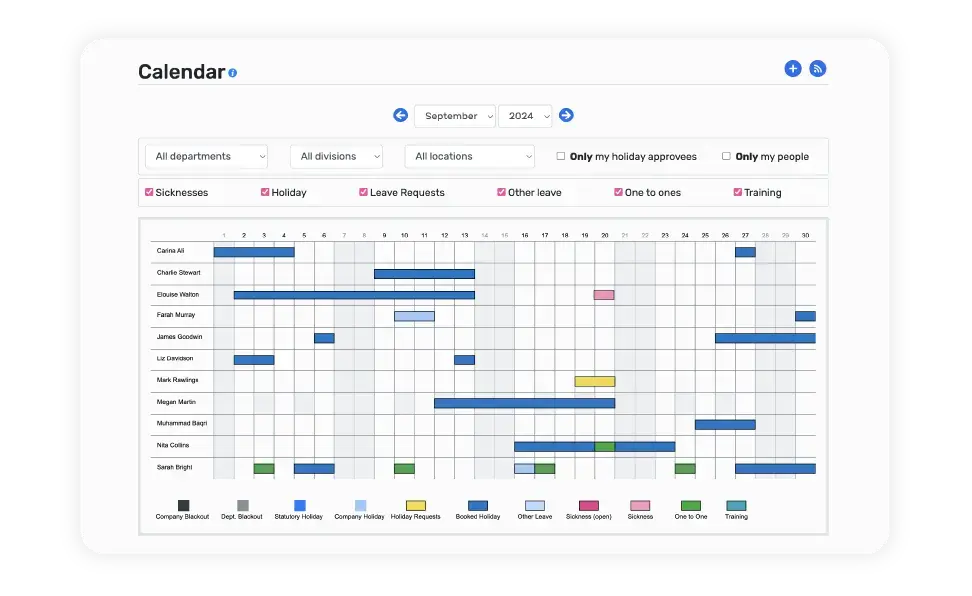 Breathe's software interface showing the holiday calendar with different types of leave including booked annual leave, holiday requests & sickness