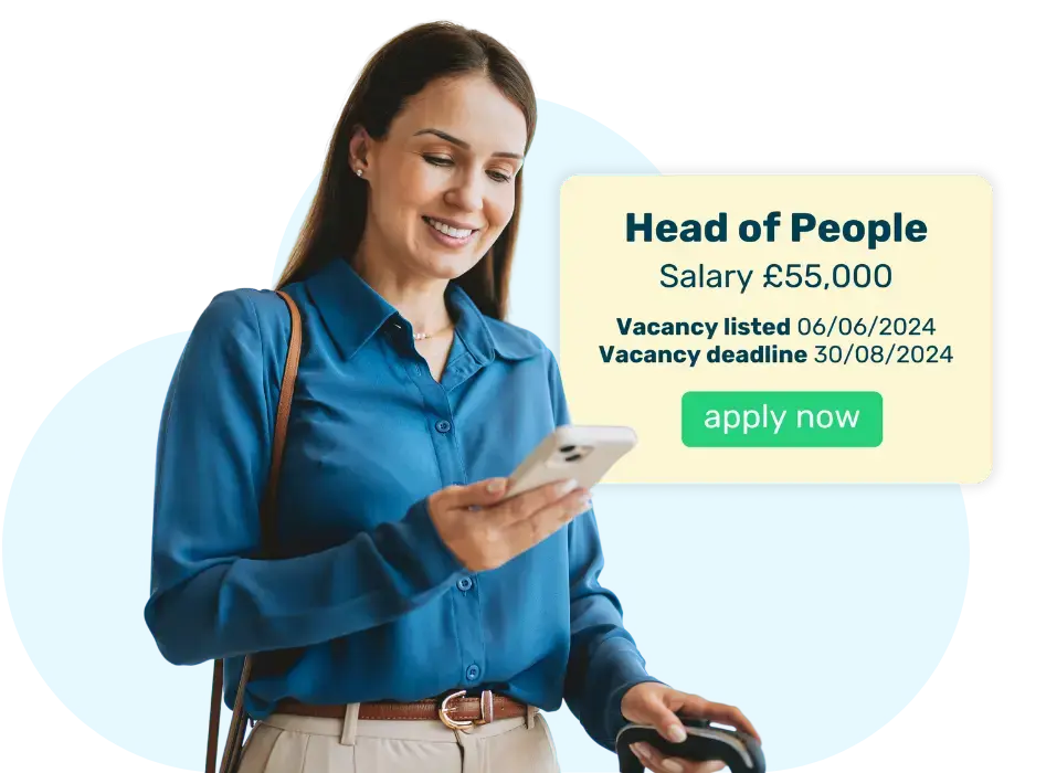 Woman wearing blue shirt smiling at mobile phone with a 'Head of People' job vacancy popping out of her phone with 'apply now' button